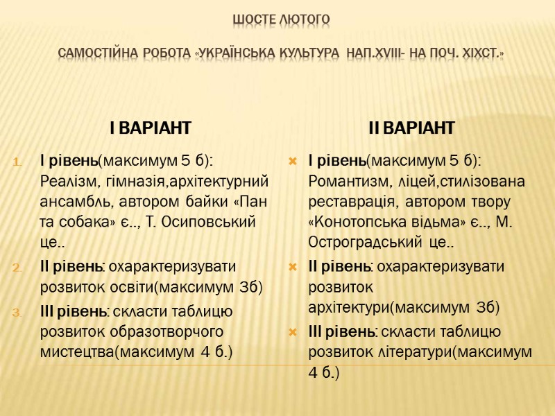 Шосте лютого  Самостійна робота «Українська культура  нап.ХVІІІ- на поч. ХІХст.» І варіант